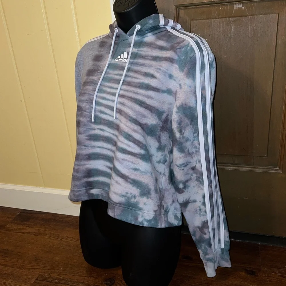 Adidas Gray Split Tie Dye Green Black Crop Long Sleeve Hooded Pullover Size S - Picture 5 of 14